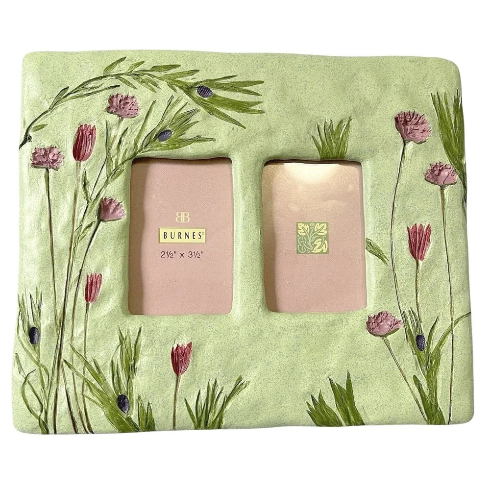 VTG 90s Green Resin Pink Flower Design 8.5x7 Photo Frame Whimsical Garden Floral